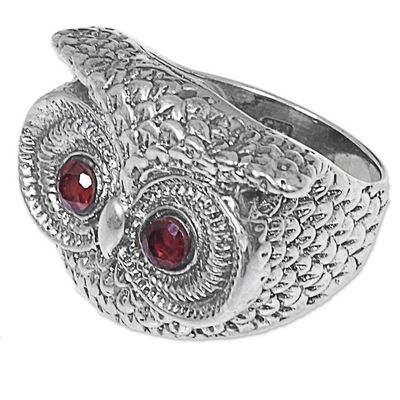 Alternate image for Handmade Balinese Sterling Silver Owl Ring with Garnet Eyes Owl Eyes