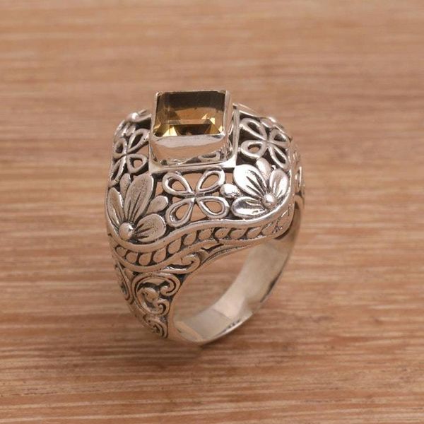 Alternate image for Two Carat Citrine and Silver Floral Cocktail Ring True Colors