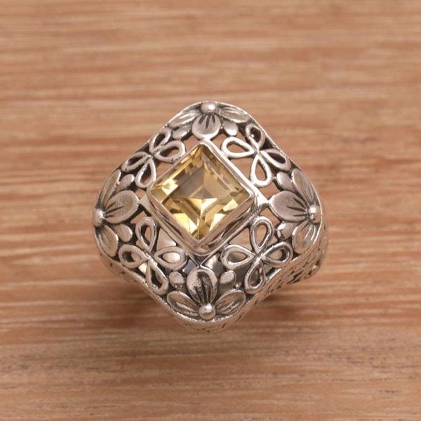 Alternate image for Two Carat Citrine and Silver Floral Cocktail Ring True Colors