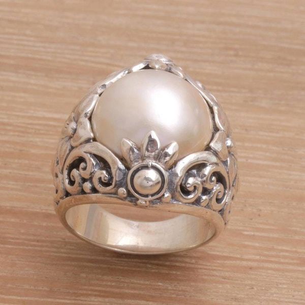 Alternate image for Cultured Mabe Pearl and Sterling Silver Lotus Cocktail Ring Lotus Moonlight