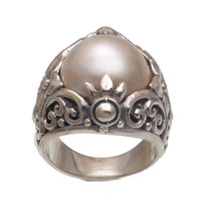 Alternate image for Cultured Mabe Pearl and Sterling Silver Lotus Cocktail Ring Lotus Moonlight