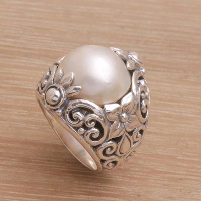 Alternate image for Cultured Mabe Pearl and Sterling Silver Lotus Cocktail Ring Lotus Moonlight