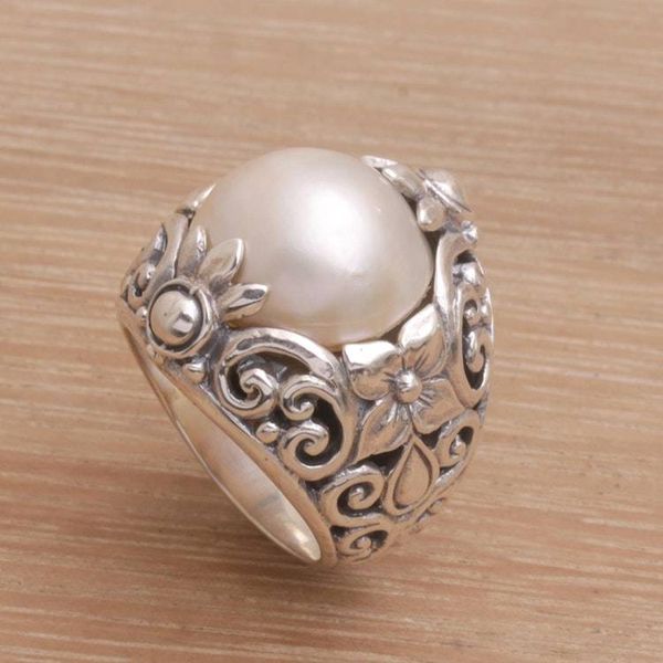 Alternate image for Cultured Mabe Pearl and Sterling Silver Lotus Cocktail Ring Lotus Moonlight