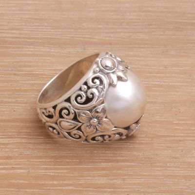 Alternate image for Cultured Mabe Pearl and Sterling Silver Lotus Cocktail Ring Lotus Moonlight