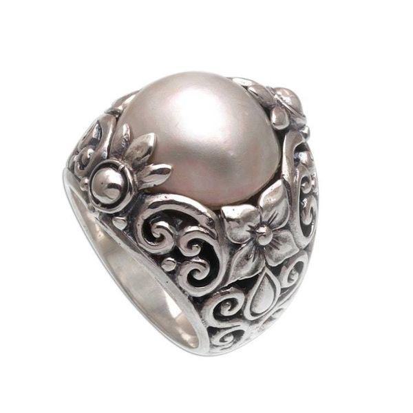 Alternate image for Cultured Mabe Pearl and Sterling Silver Lotus Cocktail Ring Lotus Moonlight