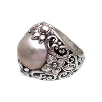 Alternate image for Cultured Mabe Pearl and Sterling Silver Lotus Cocktail Ring Lotus Moonlight