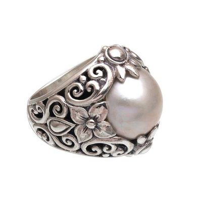 Alternate image for Cultured Mabe Pearl and Sterling Silver Lotus Cocktail Ring Lotus Moonlight