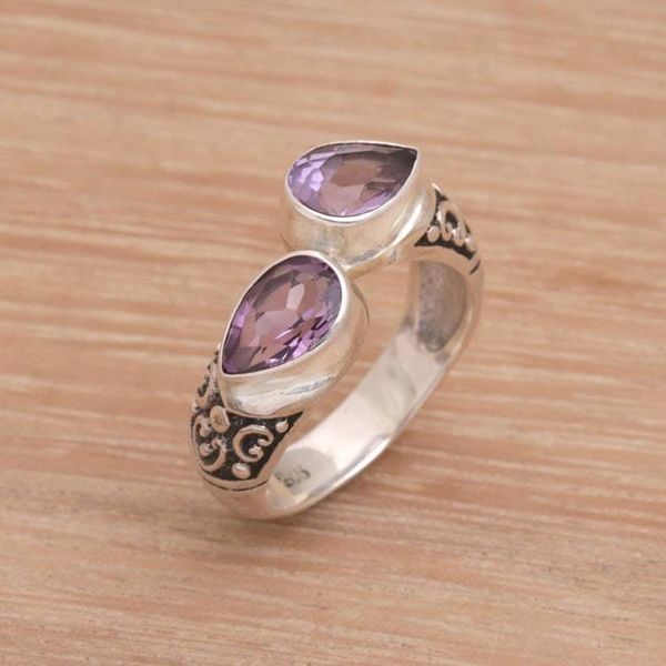 Alternate image for Teardrop Amethyst and Silver Cocktail Ring from Bali Temple Tears