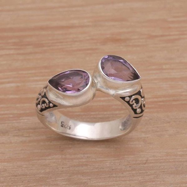 Alternate image for Teardrop Amethyst and Silver Cocktail Ring from Bali Temple Tears