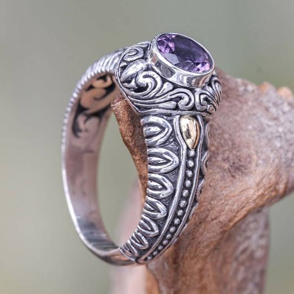 Alternate image for Amethyst Gold Accented Silver Cocktail Ring from Bali Lavender Treasure