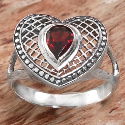 Primary image for Sterling Silver and Garnet Heart Shaped Cocktail Ring Bali Heart in Red