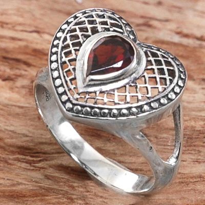 Alternate image for Sterling Silver and Garnet Heart Shaped Cocktail Ring Bali Heart in Red