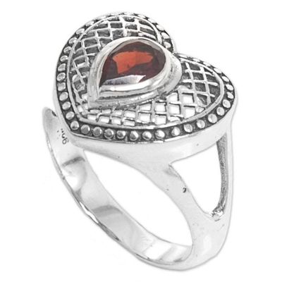 Alternate image for Sterling Silver and Garnet Heart Shaped Cocktail Ring Bali Heart in Red