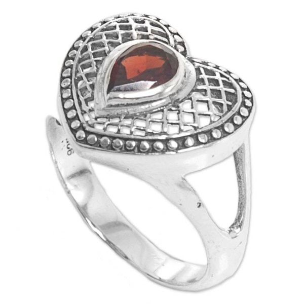 Alternate image for Sterling Silver and Garnet Heart Shaped Cocktail Ring Bali Heart in Red