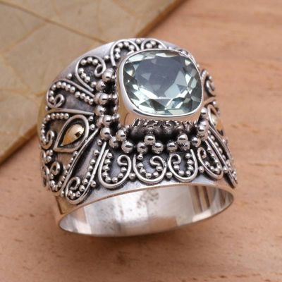 Primary image for Bali Gold Accent Silver and Checkerboard Prasiolite Ring Green Checkerboard Window