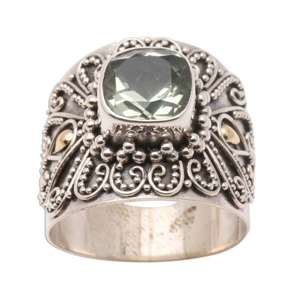 Alternate image for Bali Gold Accent Silver and Checkerboard Prasiolite Ring Green Checkerboard Window