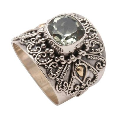 Alternate image for Bali Gold Accent Silver and Checkerboard Prasiolite Ring Green Checkerboard Window