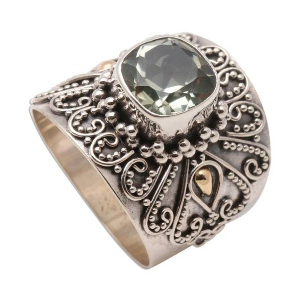 Alternate image for Bali Gold Accent Silver and Checkerboard Prasiolite Ring Green Checkerboard Window