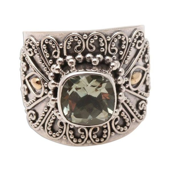 Alternate image for Bali Gold Accent Silver and Checkerboard Prasiolite Ring Green Checkerboard Window