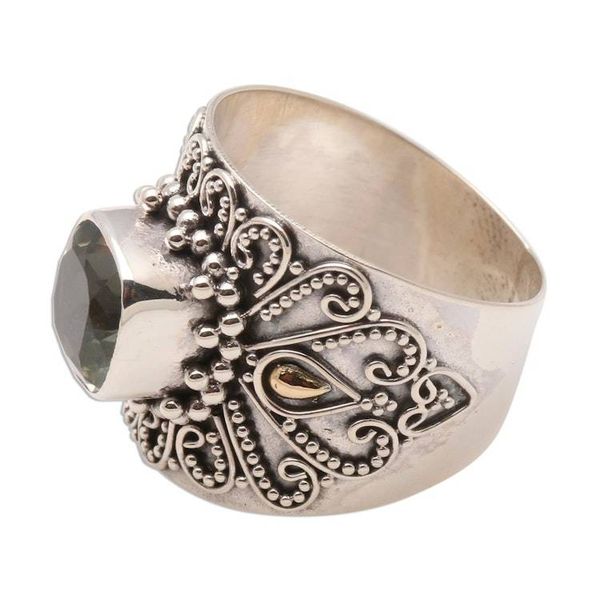 Alternate image for Bali Gold Accent Silver and Checkerboard Prasiolite Ring Green Checkerboard Window