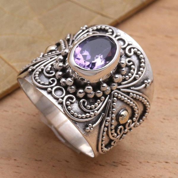Alternate image for Balinese Silver and Oval Amethyst Ring with Gold Accents Oval Lilac Glow