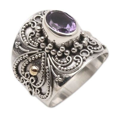Alternate image for Balinese Silver and Oval Amethyst Ring with Gold Accents Oval Lilac Glow