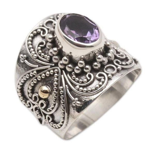 Alternate image for Balinese Silver and Oval Amethyst Ring with Gold Accents Oval Lilac Glow