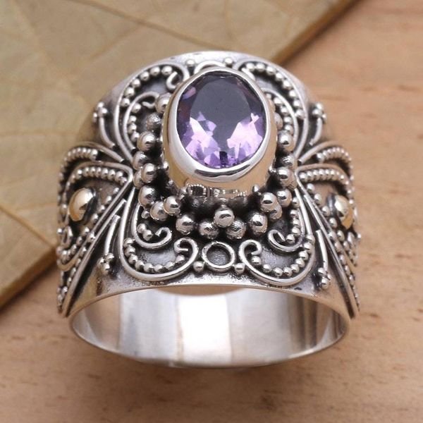 Alternate image for Balinese Silver and Oval Amethyst Ring with Gold Accents Oval Lilac Glow
