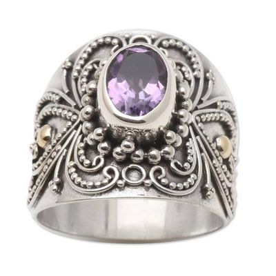 Alternate image for Balinese Silver and Oval Amethyst Ring with Gold Accents Oval Lilac Glow