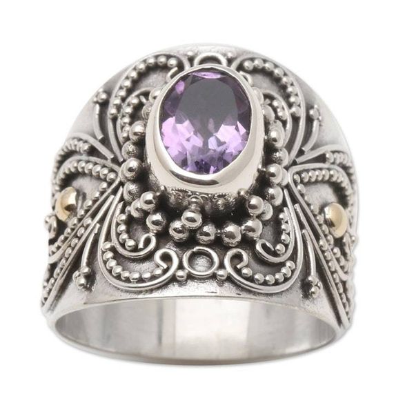 Alternate image for Balinese Silver and Oval Amethyst Ring with Gold Accents Oval Lilac Glow