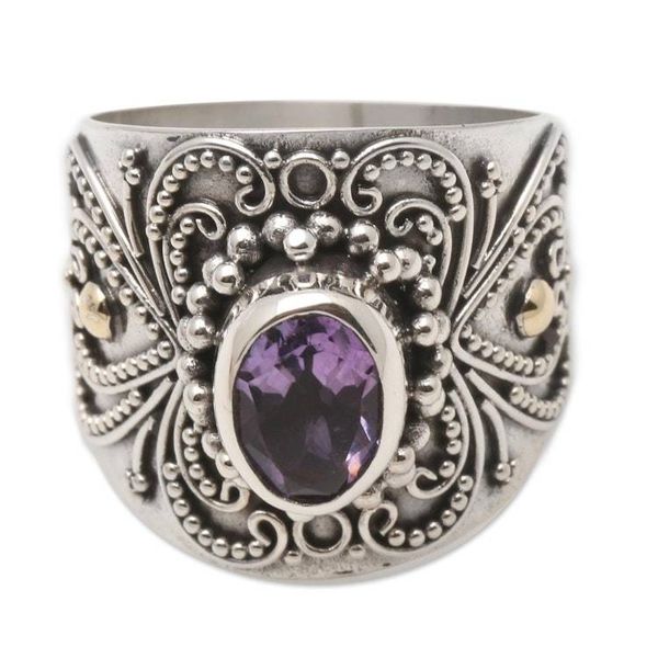 Alternate image for Balinese Silver and Oval Amethyst Ring with Gold Accents Oval Lilac Glow