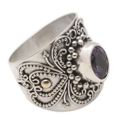 Alternate image for Balinese Silver and Oval Amethyst Ring with Gold Accents Oval Lilac Glow