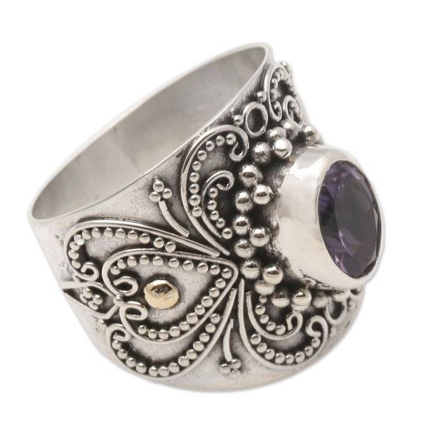 Alternate image for Balinese Silver and Oval Amethyst Ring with Gold Accents Oval Lilac Glow