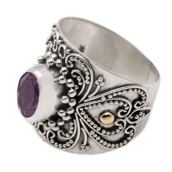Alternate image for Balinese Silver and Oval Amethyst Ring with Gold Accents Oval Lilac Glow