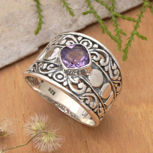 Alternate image for Classic Balinese-Inspired Faceted Amethyst Single Stone Ring Garden of Amethyst