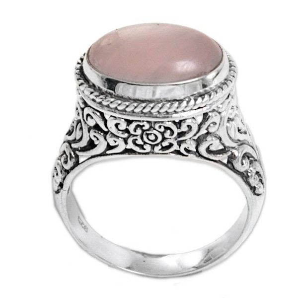 Alternate image for Sterling Silver Rose Quartz Single Stone Ring from Indonesia Bali Eye in Pink