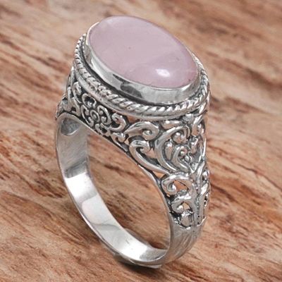 Alternate image for Sterling Silver Rose Quartz Single Stone Ring from Indonesia Bali Eye in Pink