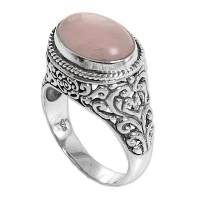 Alternate image for Sterling Silver Rose Quartz Single Stone Ring from Indonesia Bali Eye in Pink