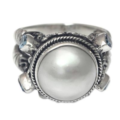 Alternate image for Sterling Silver Ring with Mabe Pearl and Blue Topaz Joyful Moon