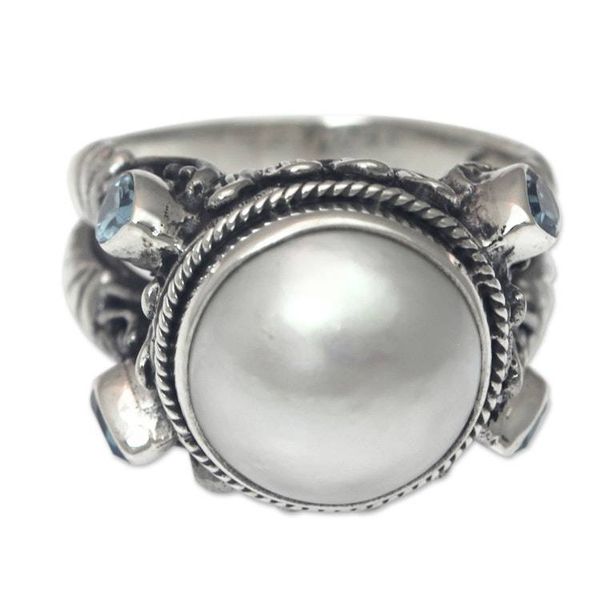 Alternate image for Sterling Silver Ring with Mabe Pearl and Blue Topaz Joyful Moon