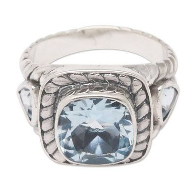 Primary image for Sterling Silver Cocktail Ring with Three Blue Topaz Stones Fantastic Heaven