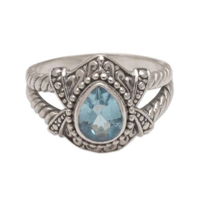 Alternate image for Blue Topaz and Sterling Silver Solitaire Ring from Bali Crown of Celuk