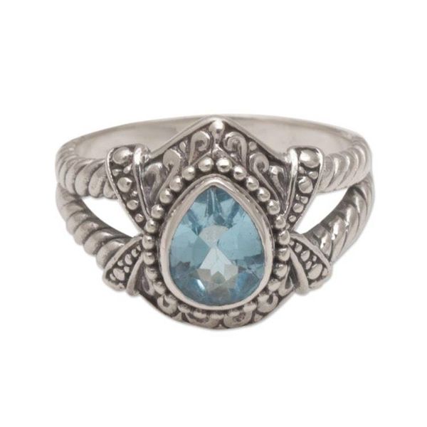 Alternate image for Blue Topaz and Sterling Silver Solitaire Ring from Bali Crown of Celuk