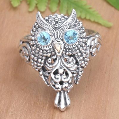 Primary image for Artisan Crafted Blue Topaz Ring Brilliant Owl