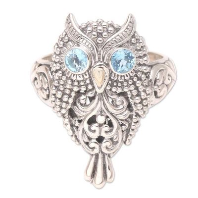 Alternate image for Artisan Crafted Blue Topaz Ring Brilliant Owl