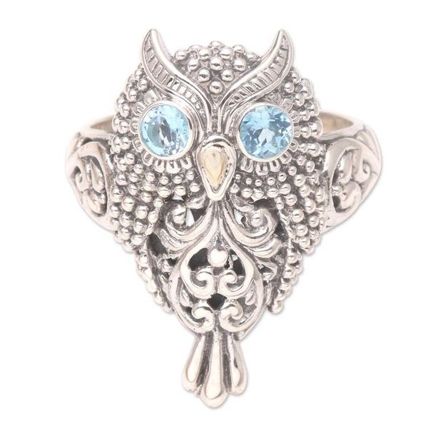 Alternate image for Artisan Crafted Blue Topaz Ring Brilliant Owl