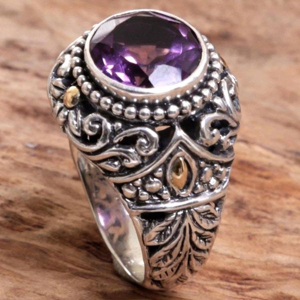 Alternate image for Gold Accent Amethyst Leaf Motif Cocktail Ring from Indonesia Leafy Purple