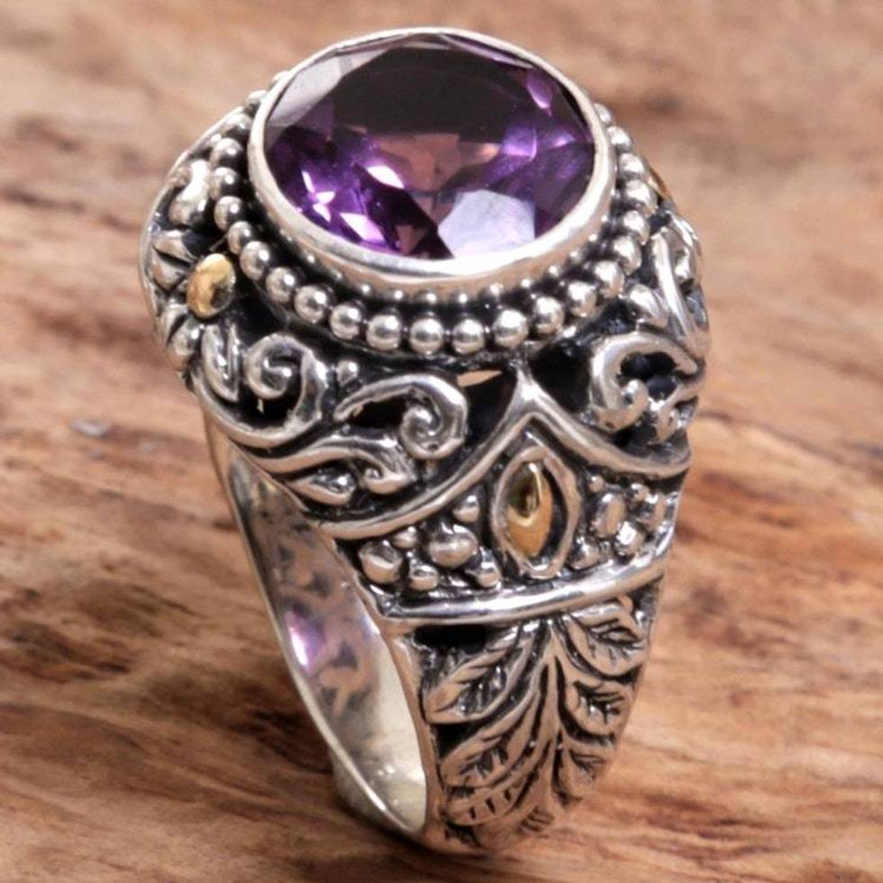 Gold Accent Amethyst Leaf Motif Cocktail Ring from Indonesia 'Leafy Purple'