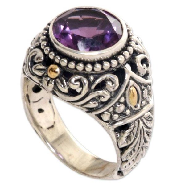 Alternate image for Gold Accent Amethyst Leaf Motif Cocktail Ring from Indonesia Leafy Purple