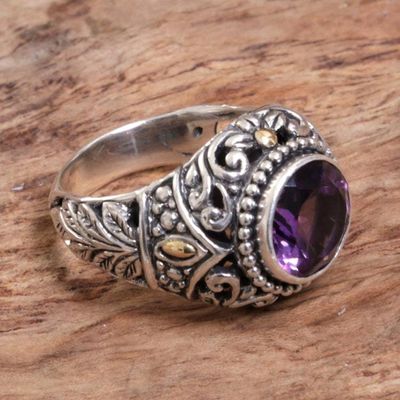 Alternate image for Gold Accent Amethyst Leaf Motif Cocktail Ring from Indonesia Leafy Purple